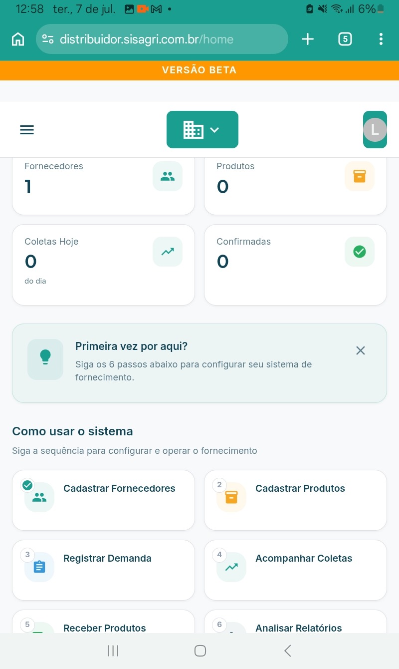 Home do Sisagri Fornecimento no tablet