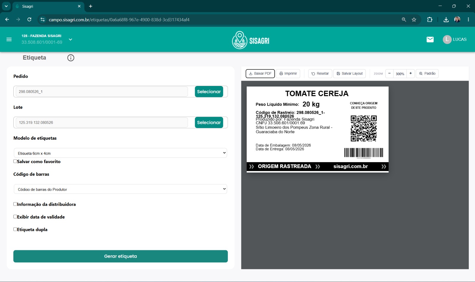 Geração de etiqueta com QR Code