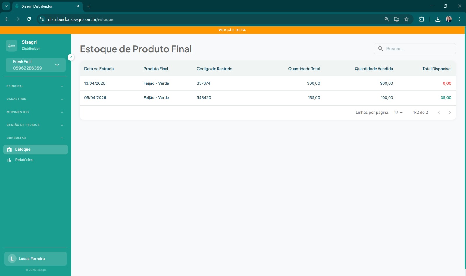 Consulta de estoque de produto final
