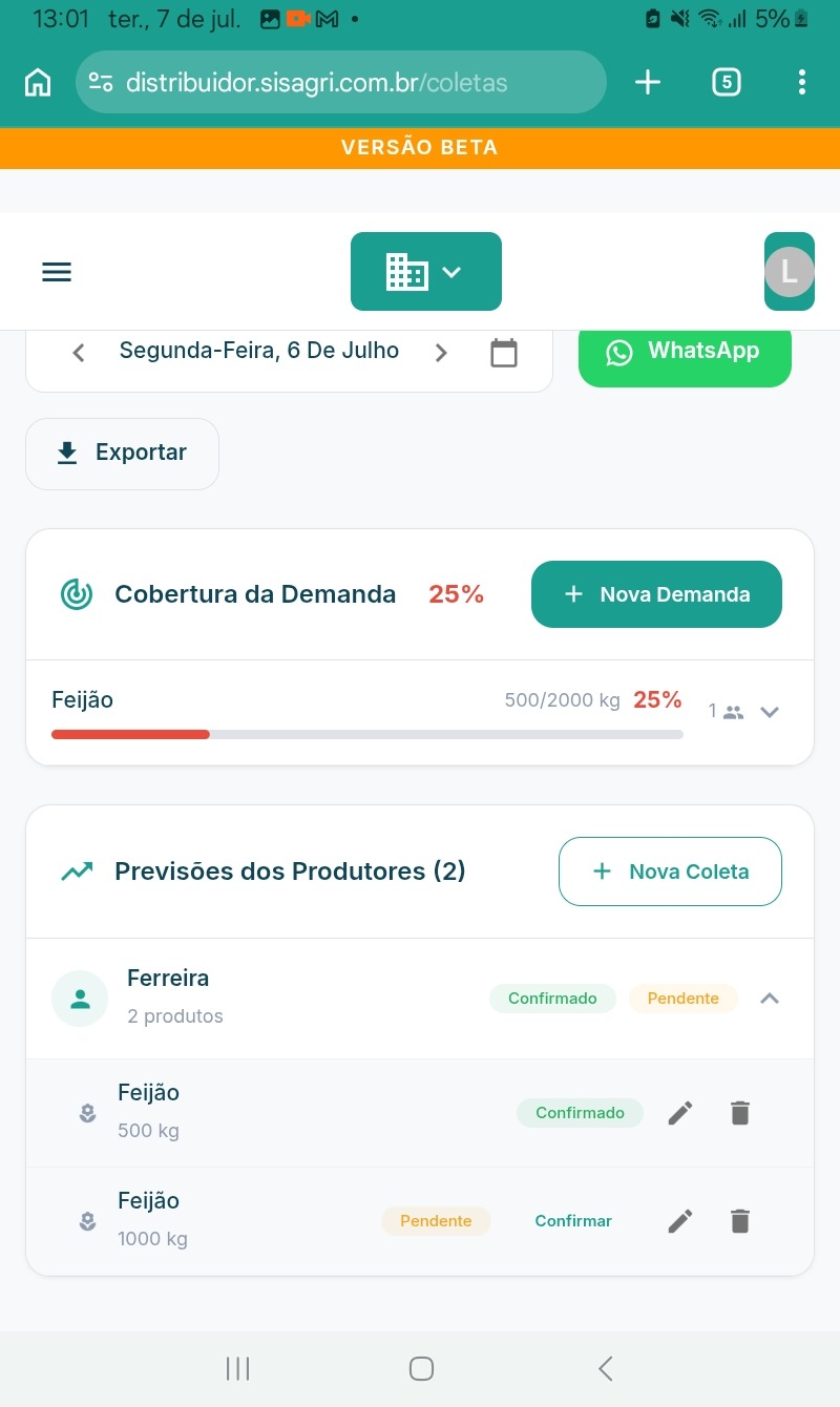 Coletas no tablet